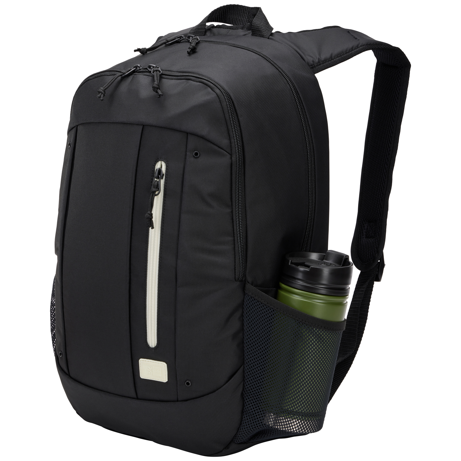 Black backpack with a white zipper and a green water bottle in the side pocket.