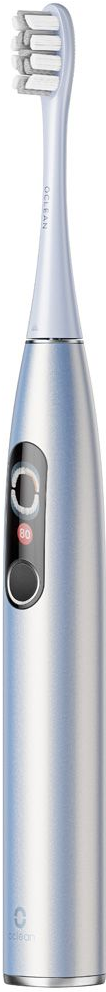 Silberne elektrische Zahnbürste. Schwarzes Display. Weiße Borsten. Modernes Design.