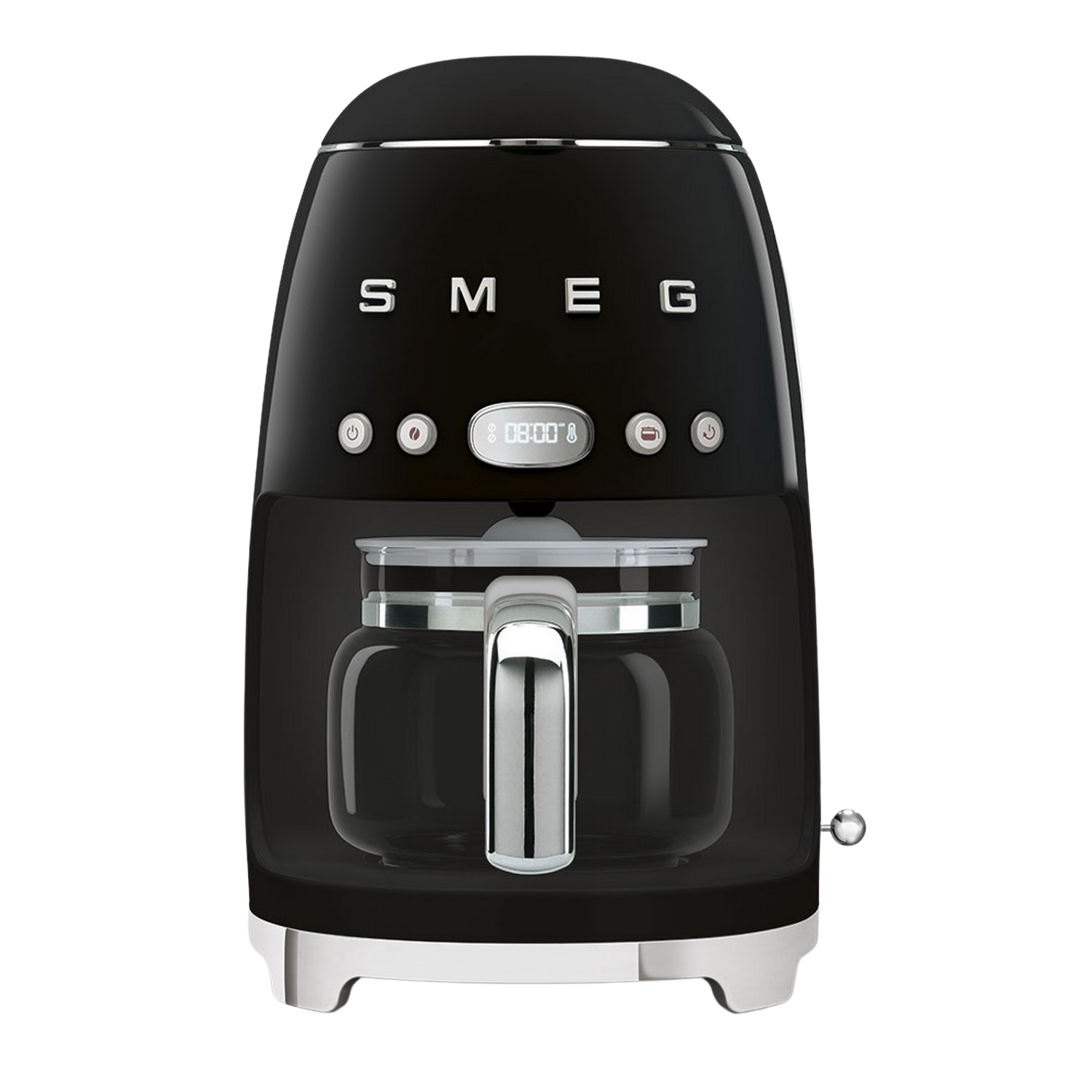 Zwarte Smeg koffiezetapparaat. Met glazen kan en digitaal display.