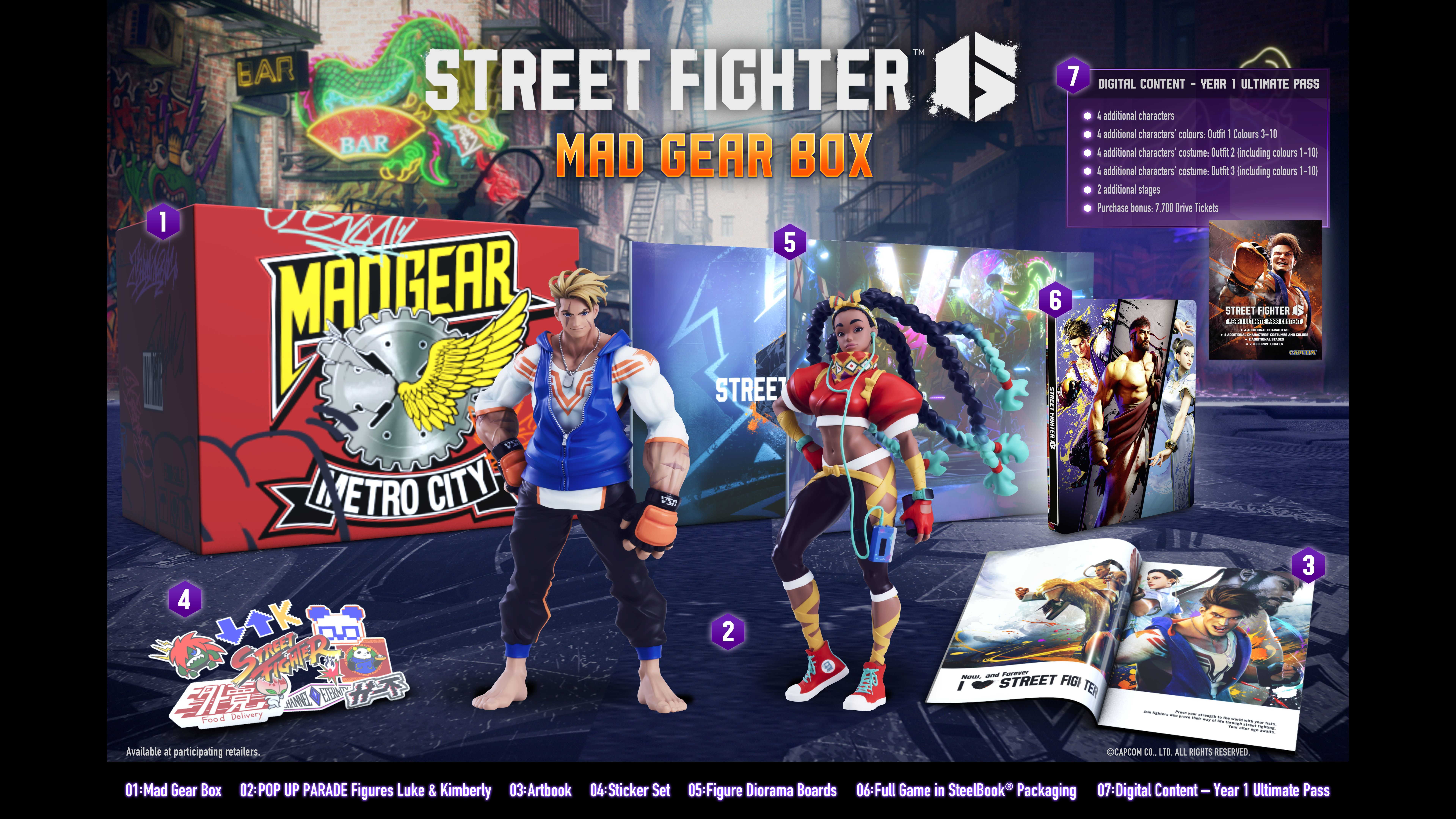 Mad Gear Box. Scatola con figure, carta, adesivo e libretto su sfondo viola. Tema Street Fighter.