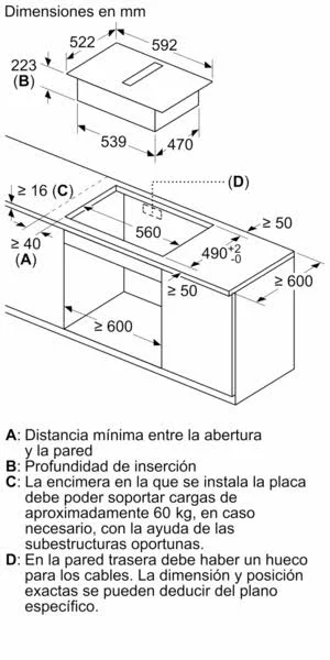Dibujo técnico de un electrodoméstico de cocina, con dimensiones e instrucciones de instalación en español.