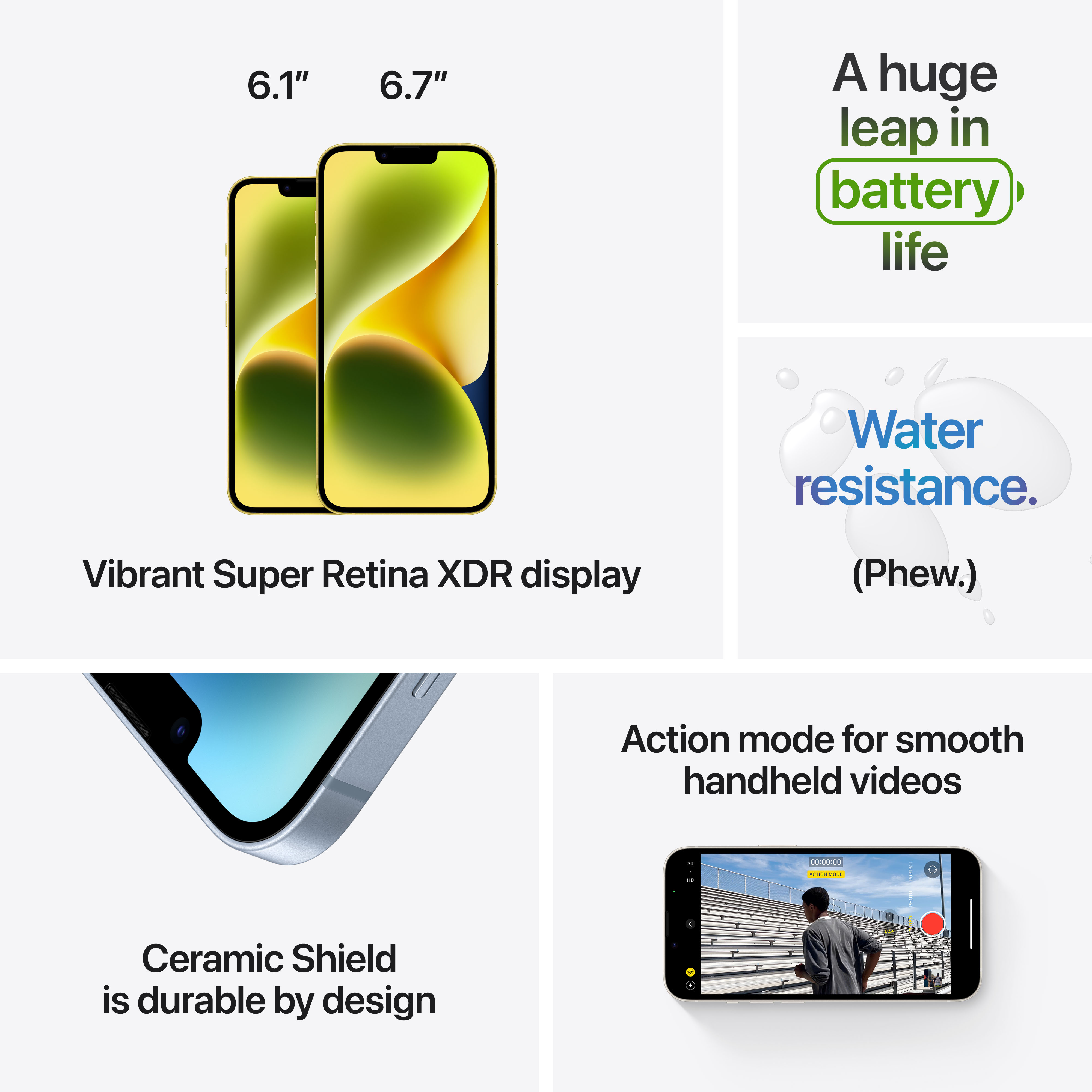 Twee telefoons met levendige displays en functies. De afbeelding toont waterbestendigheid.