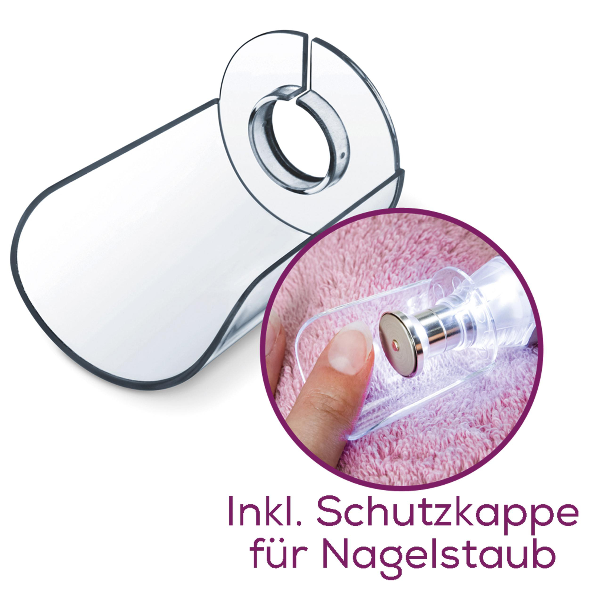 Nahaufnahme einer durchsichtigen Schutzkappe, wobei ein Nagel mit Licht bearbeitet wird.