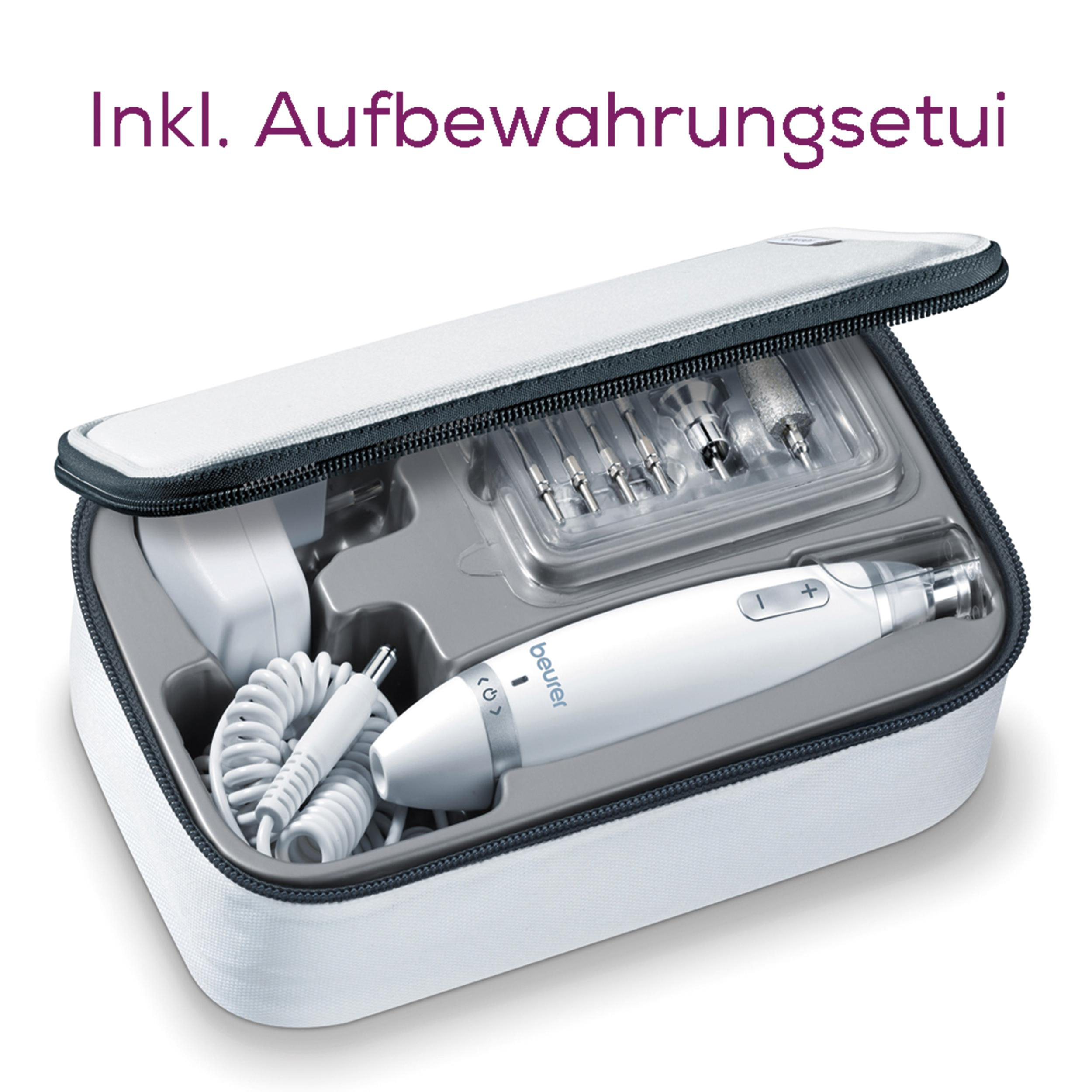 Ein weißes Etui mit Reißverschluss und einem weißen und grauen Nagelpflegegerät im Inneren.