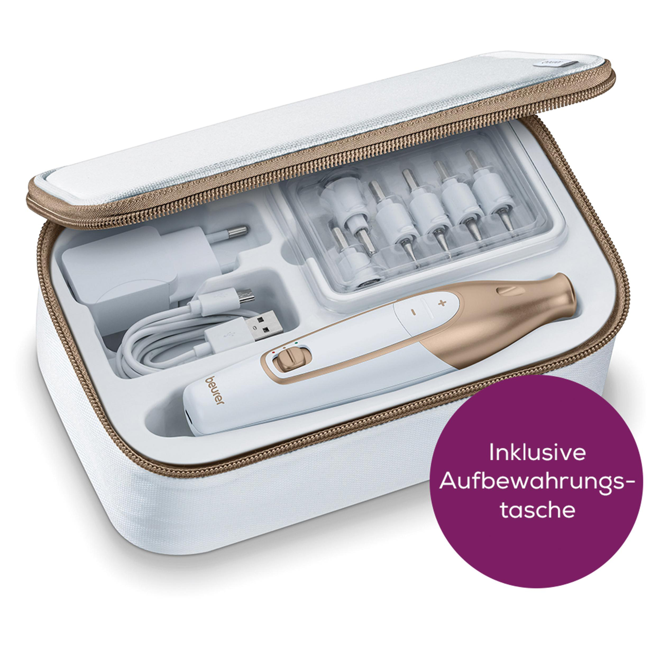 Weißes und goldenes Kosmetikgerät und Zubehör in einer offenen weißen Tasche. Text 'Inklusive Aufbewahrungstasche'.