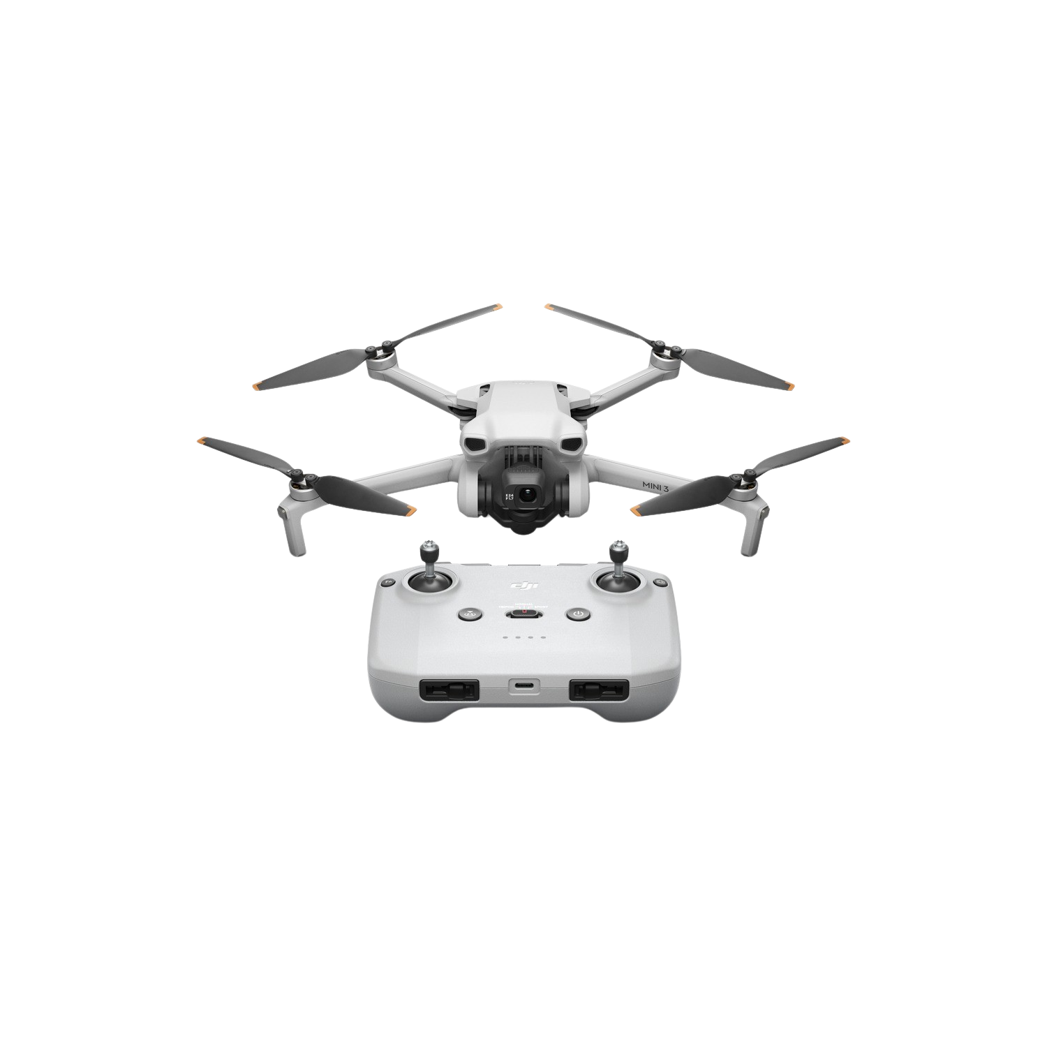Witte drone met afstandsbediening. Zwarte propellers en camera.