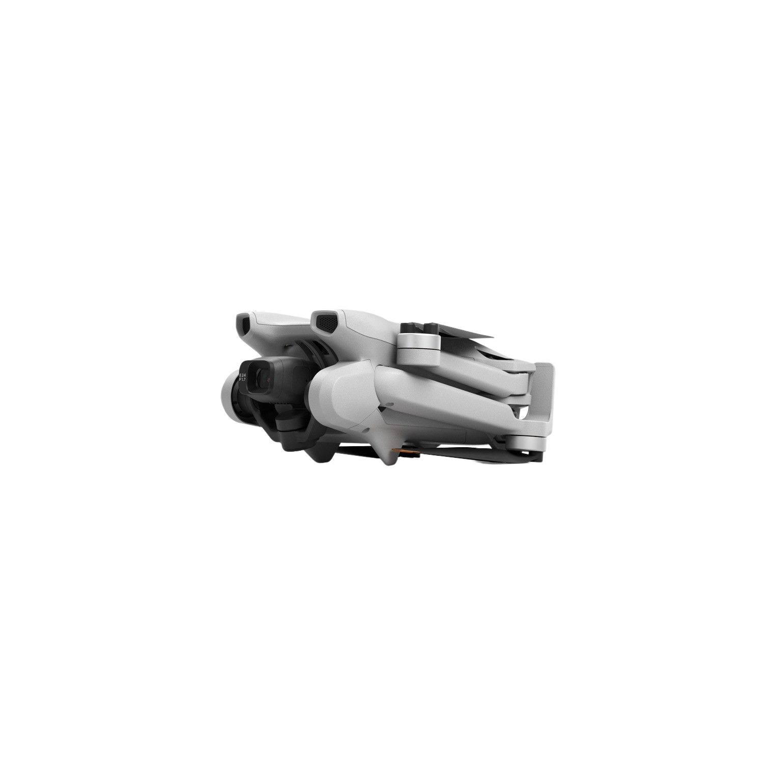 Een witte drone opgevouwen, van de zijkant gezien. Zwarte achtergrond.