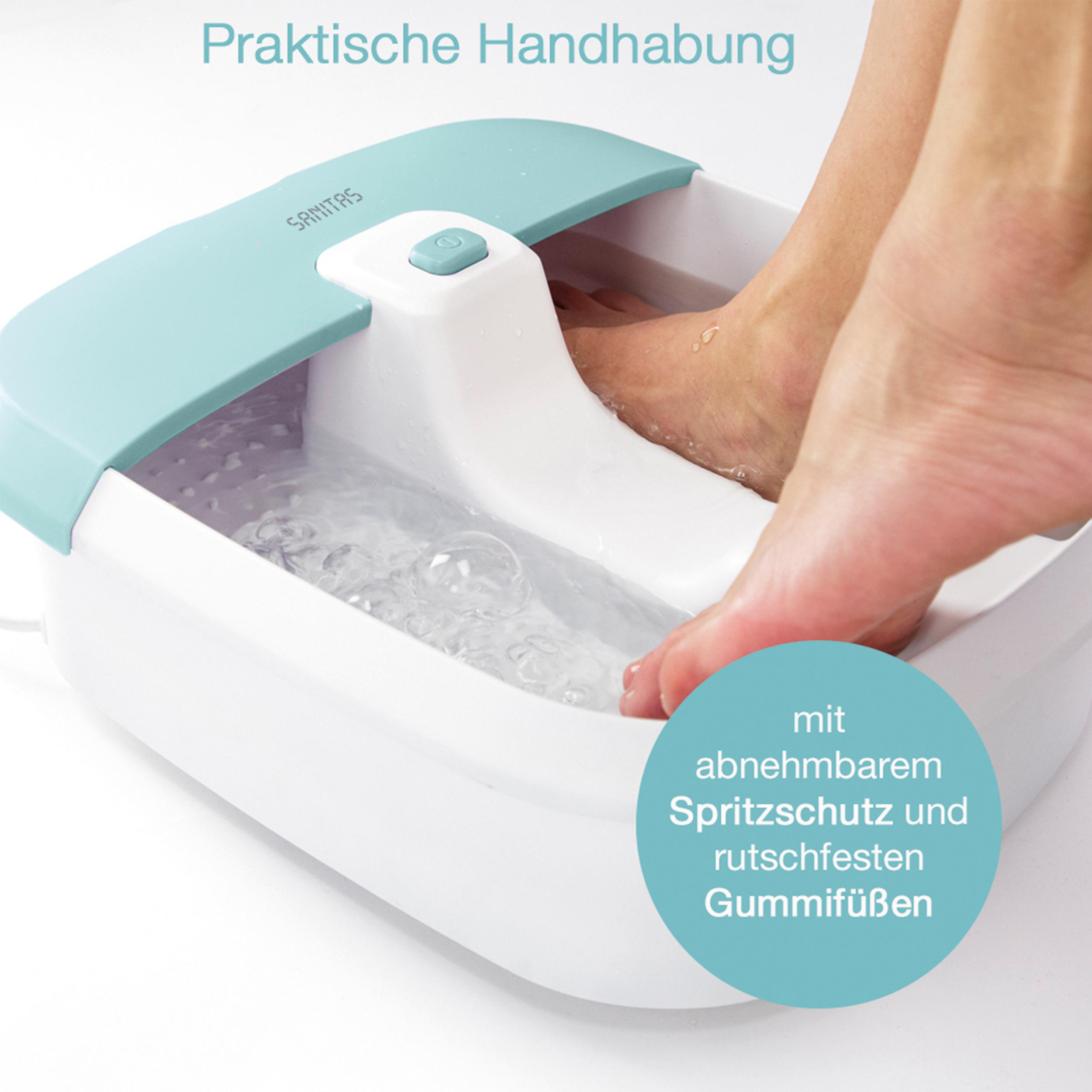 Ein weißes und blaues Fußbad mit Füßen, die in Wasser baden, Text: mit abnehmbarem Spritzschutz.