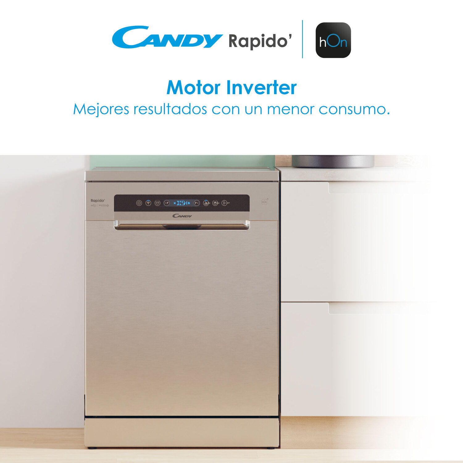 Lavavajillas en cocina, acabado acero inoxidable, con panel de control.