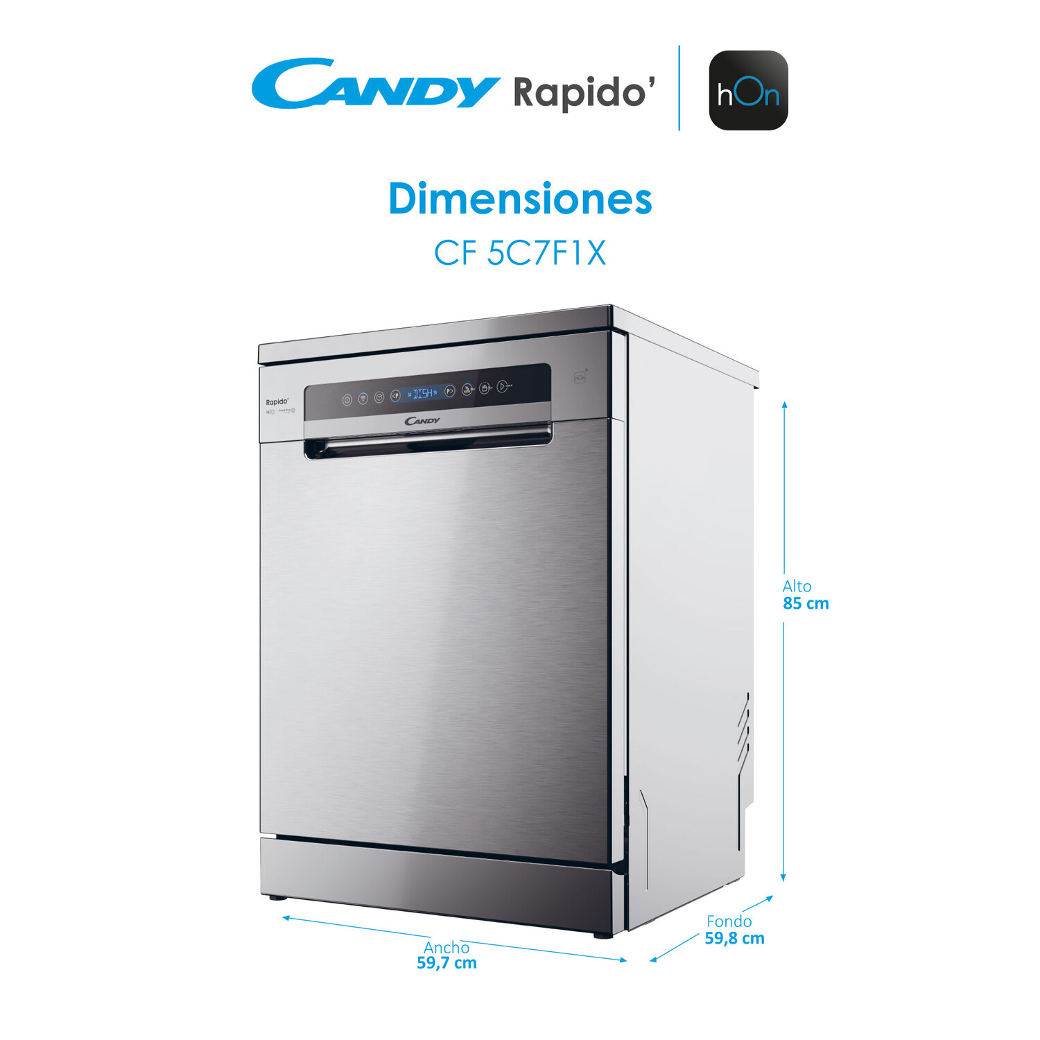 Lavavajillas plateado con puerta cerrada. Se muestran las dimensiones. Fondo blanco con dimensiones.
