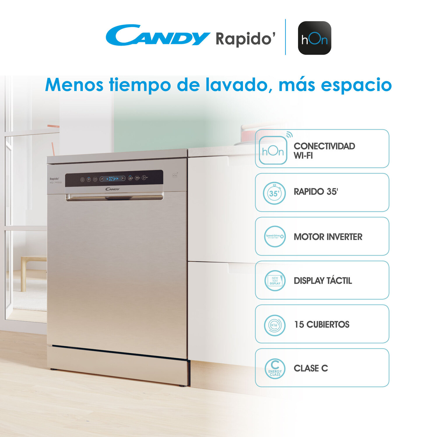 Un lavavajillas plateado con iconos y texto de funciones. Candy Rapido' hOn.