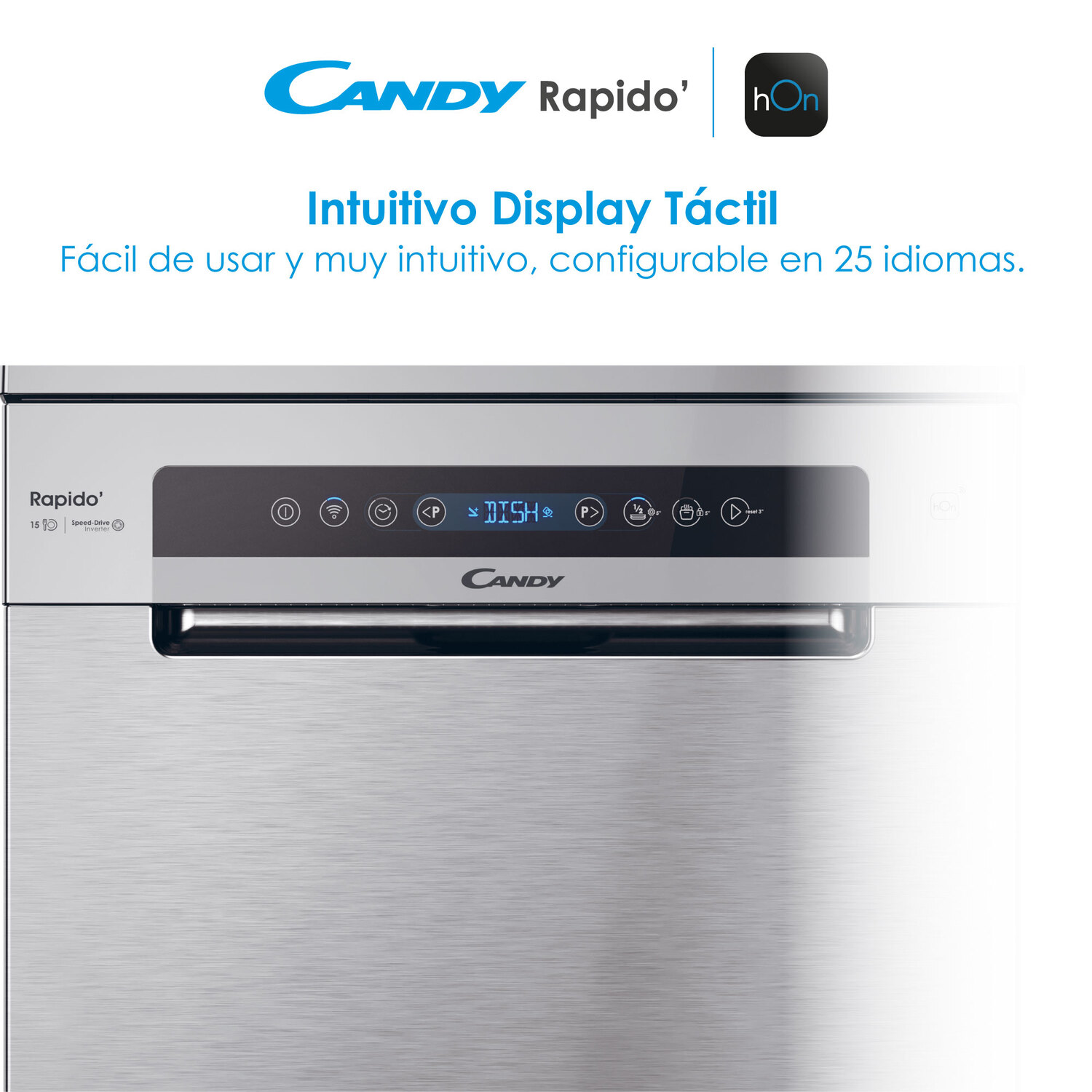 Un lavavajillas Candy con pantalla táctil. El texto en la pantalla es azul.