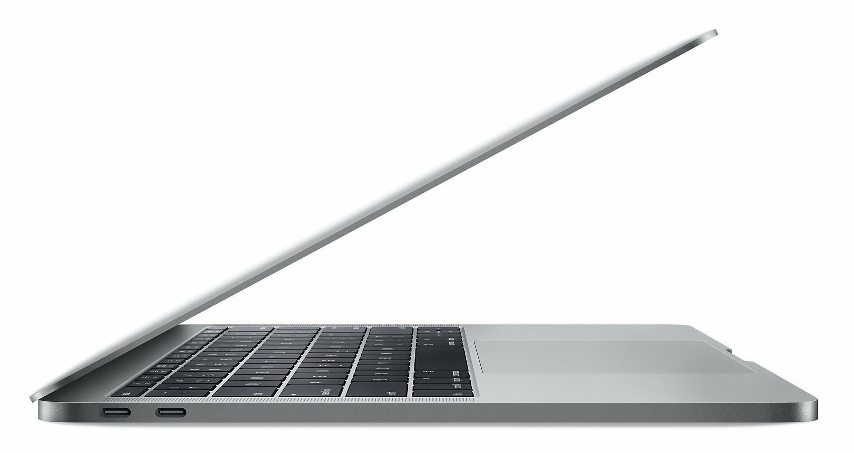 Srebrny laptop Macbook, częściowo otwarty, widok z profilu, białe tło.
