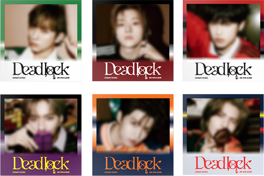 Hat Deadlock albumborító elmosódott férfi képekkel és sötétvörös címmel.