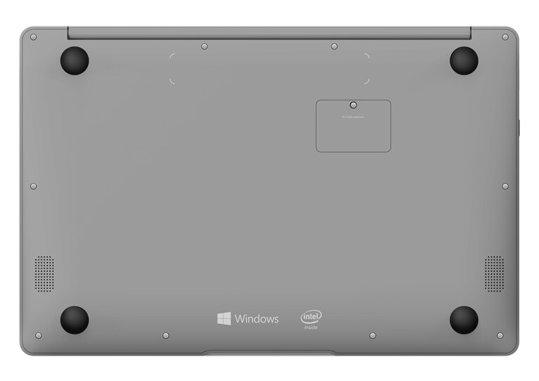 Widok od spodu laptopa. Pokazuje otwory wentylacyjne, nóżki i etykiety, w tym Windows i Intel.