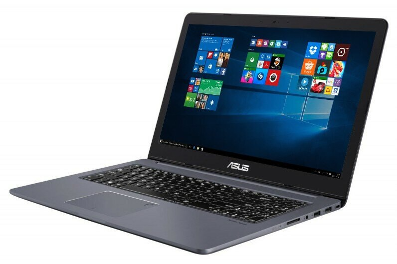 Ciemnoszary laptop ASUS z otwartym ekranem, pokazujący interfejs Windows.