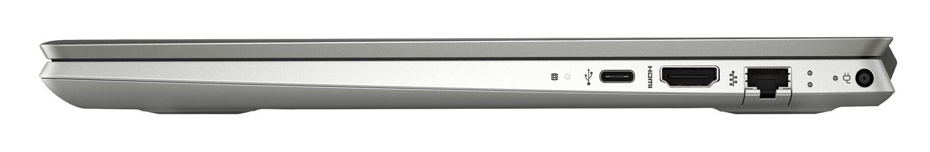 Profil boczny srebrnego laptopa. Pokazuje porty, w tym USB-C, HDMI i ethernet.