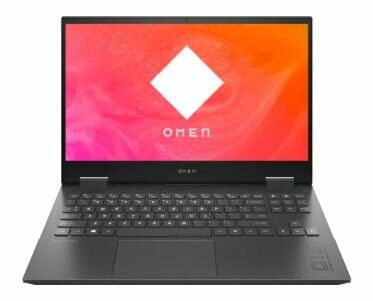 Czarny i szary laptop z logo OMEN na czerwono-pomarańczowym ekranie.