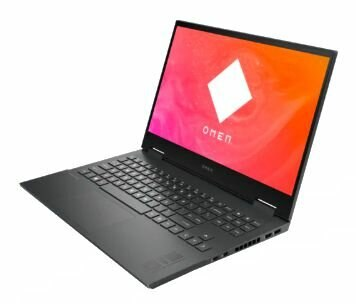 Laptop HP Omen, otwarty. Ekran wyświetla kolorowy abstrakcyjny obraz. Laptop jest czarny.