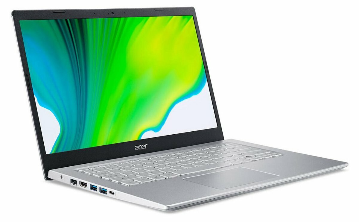 Srebrny laptop z zielono-żółtym ekranem, otwarty pod kątem na białej powierzchni. Widoczne logo Acer.