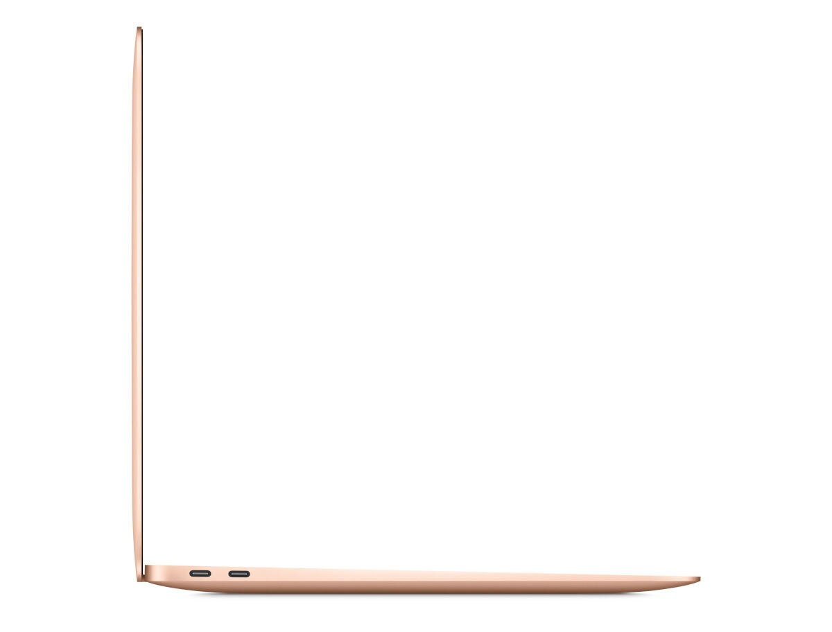 Widok z boku laptopa w kolorze różowego złota. Zamknięty, smukły design, białe tło.