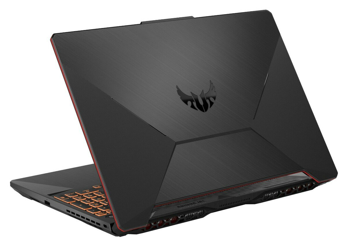 Czarny laptop z czerwonymi akcentami, widok z kąta, widoczna klawiatura i logo.