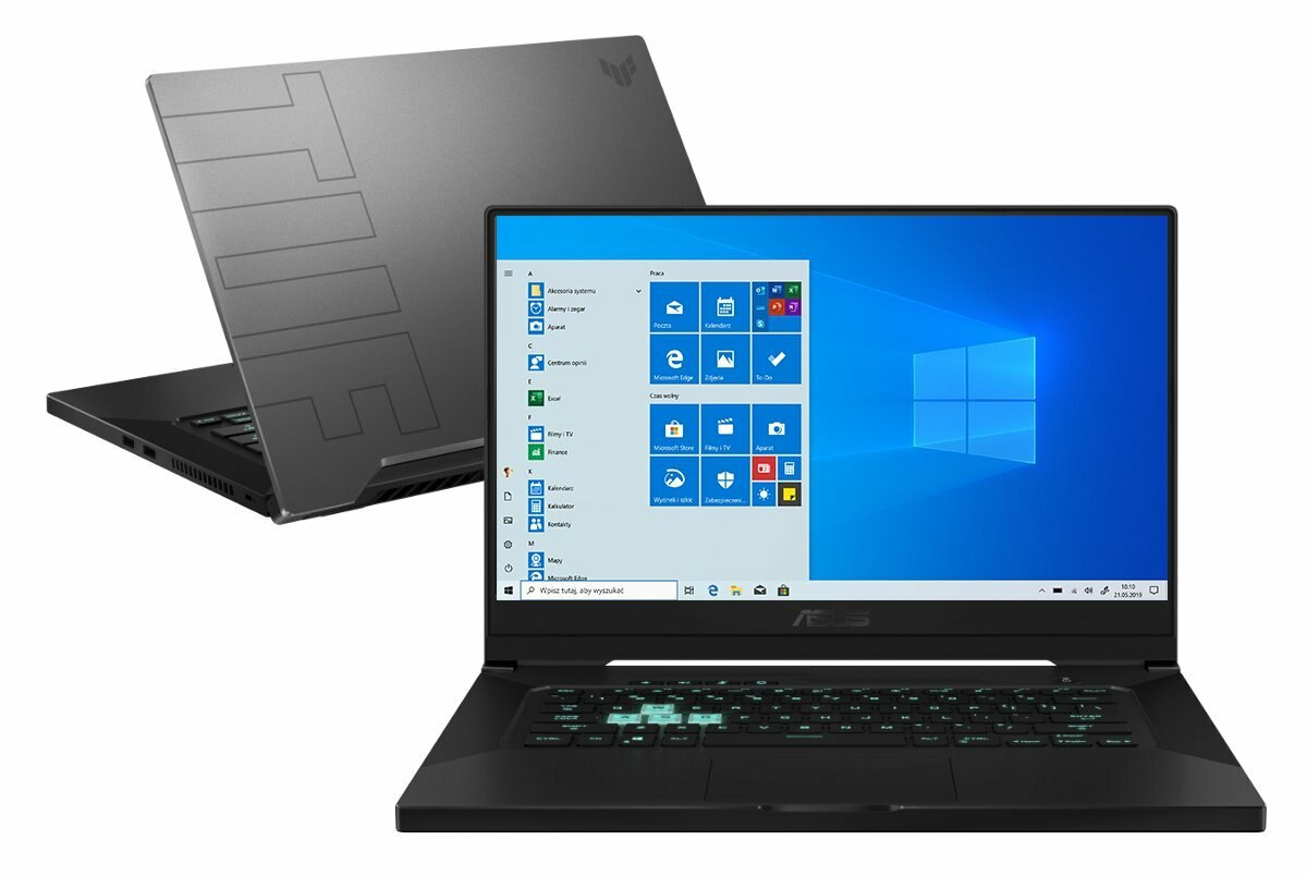 Laptop z czarną i szarą pokrywą, otwarty, aby pokazać pulpit systemu Windows. Białe tło.