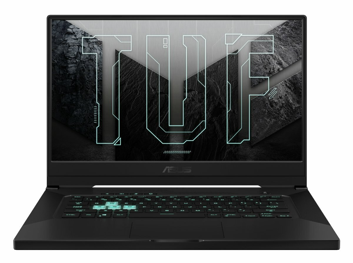 Czarny laptop ASUS TUF z podświetlaną klawiaturą i logo TUF na ekranie.