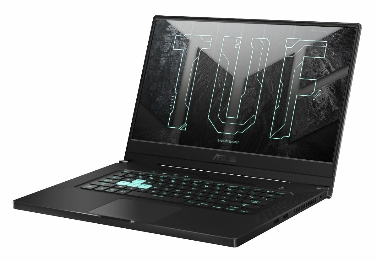 Czarny laptop ASUS TUF, otwarty pod kątem, z klawiaturą i ekranem wyświetlającym tekst.