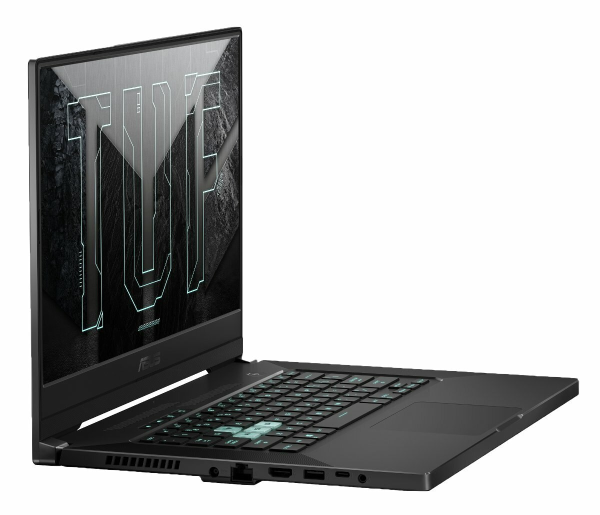 Czarny laptop, otwarty, widok pod kątem. Pokazuje klawiaturę i ekran z logo TUF.