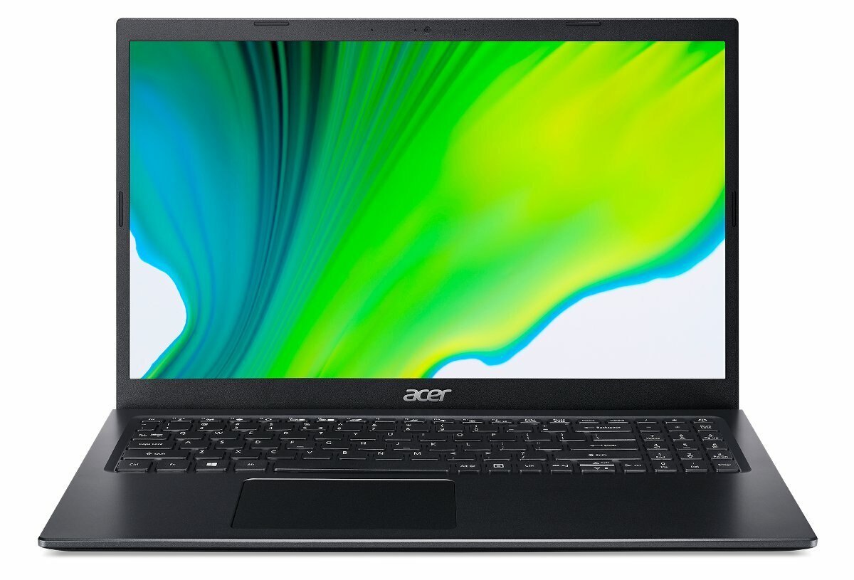 Czarny laptop Acer z jasnozielonym i żółtym ekranem, otwarty na białej powierzchni.