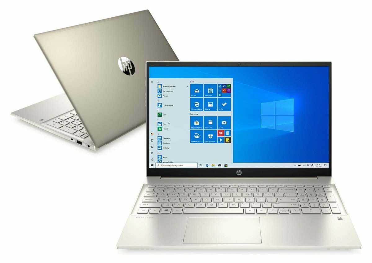 Dwa złote laptopy, główny otwarty z ekranem głównym systemu Windows 10.