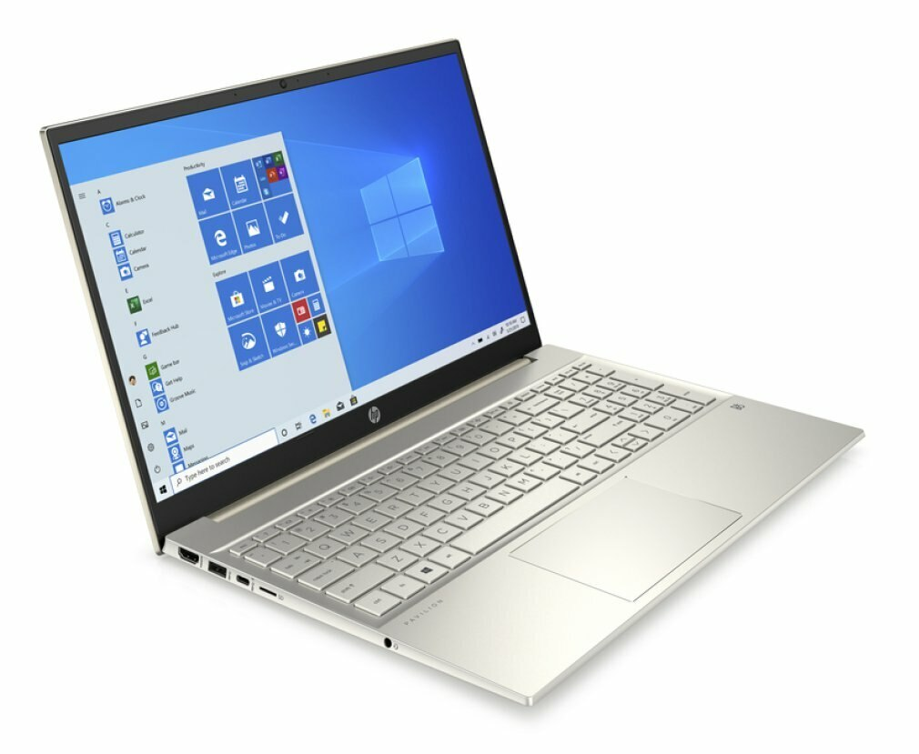 Srebrny i beżowy laptop z interfejsem Windows 10.