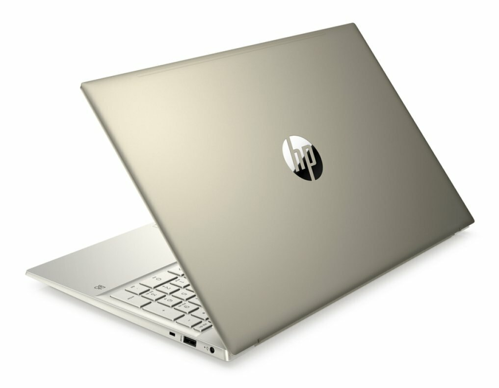 Widok z tyłu srebrnego laptopa z białą klawiaturą i logo HP na górze.