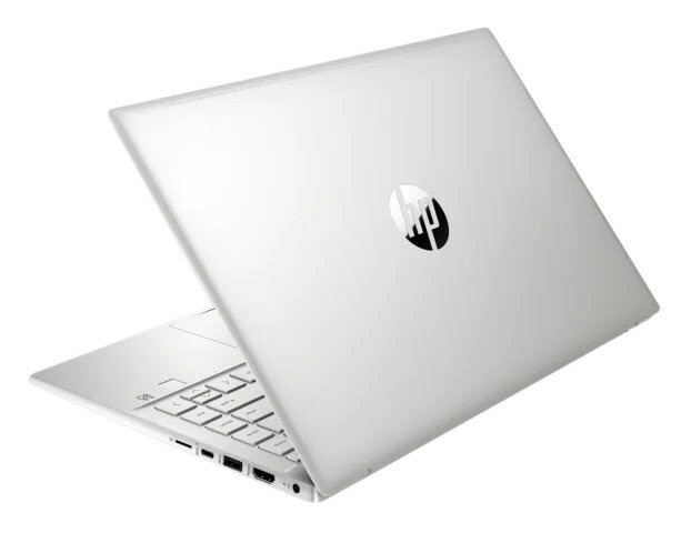 Srebrny laptop HP, widok z tyłu, otwarty. Klawiatura widoczna, logo HP widoczne.