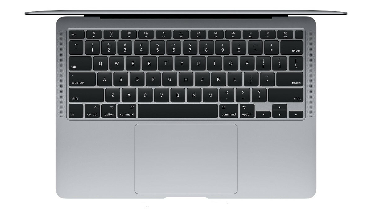 Klawiatura laptopa, widok z góry. Czarne klawisze, srebrna ramka, białe tło.