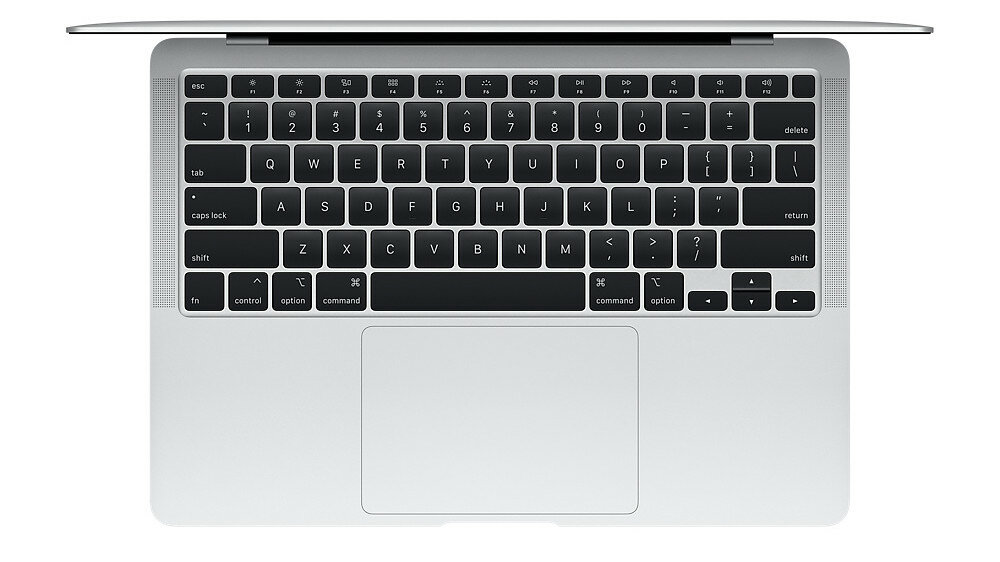 Widok z góry na srebrny laptop z czarnymi klawiszami. Ekran jest otwarty.