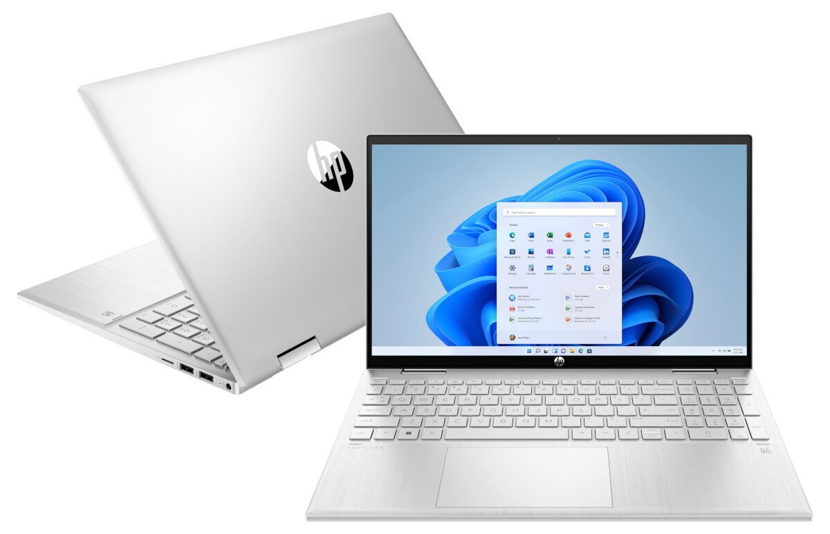 Srebrny laptop HP, otwarty z systemem Windows 11. Drugi laptop pokazuje tył.