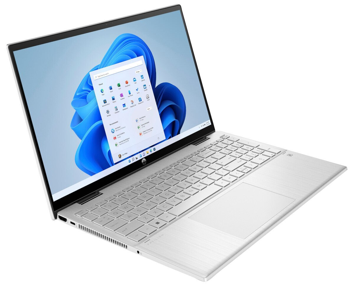Srebrny laptop HP. Ekran wyświetla pulpit Windows 11 z ikonami aplikacji. Otwarty.