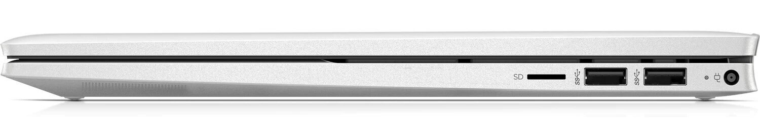 Widok z boku srebrnego laptopa z portami. Widoczny slot kart SD, porty USB i port zasilania.