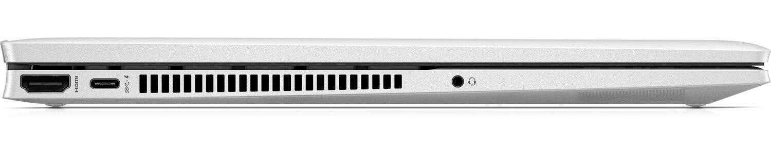 Srebrny laptop z portami z boku, w tym HDMI i USB-C, na białej powierzchni.