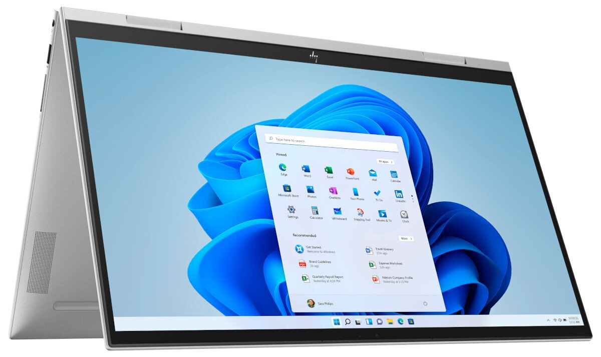 Laptop z otwartym ekranem, pokazującym interfejs Windows 11.