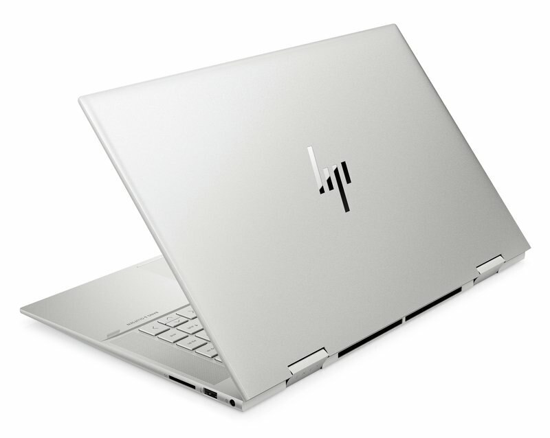 Tył laptopa z logo HP i otwartym ekranem.
