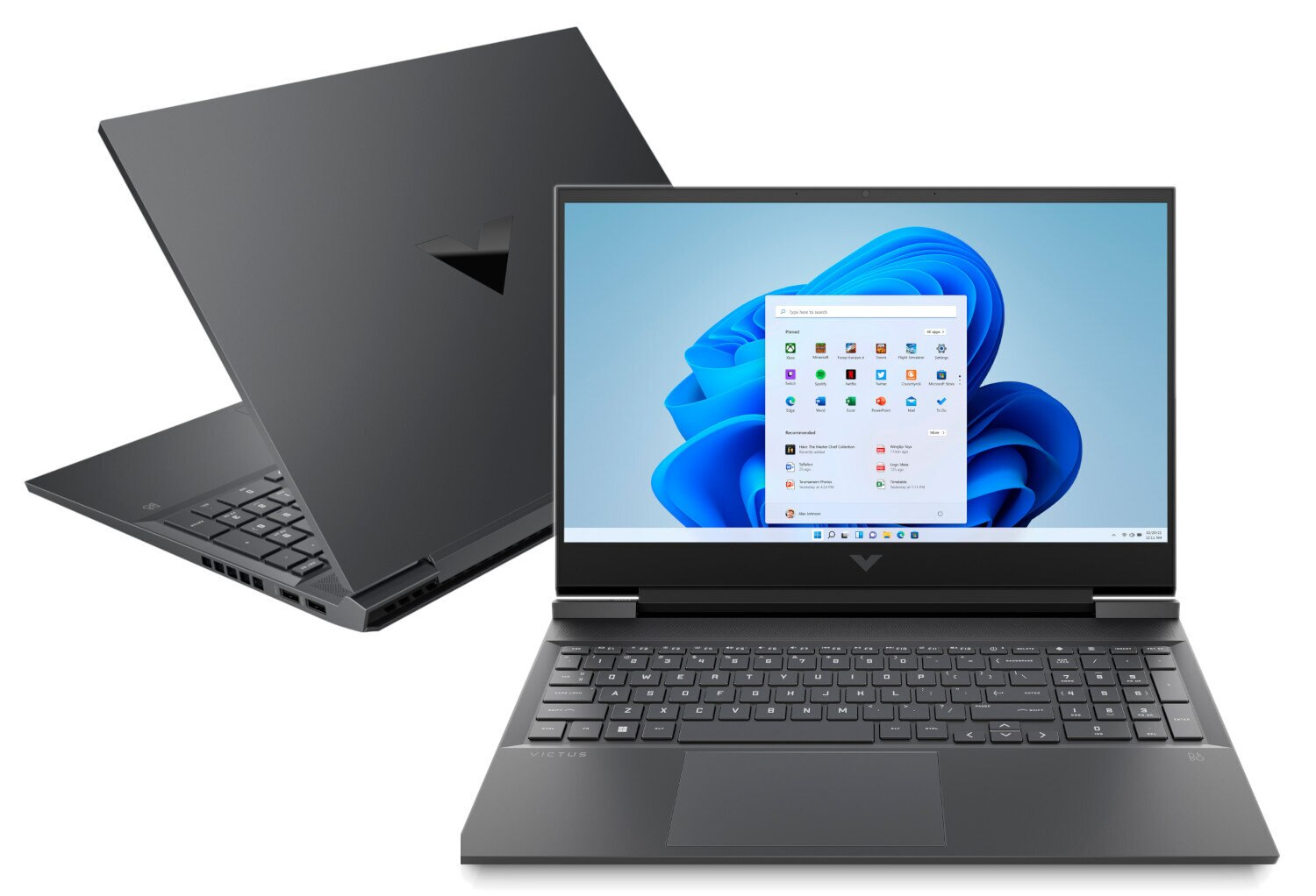 Dwa ciemnoszare laptopy, jeden otwarty z systemem Windows 11, drugi zamknięty.