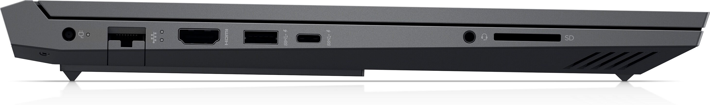 Widok z boku ciemnoszarego laptopa. Porty: audio, Ethernet, HDMI, USB, USB-C, gniazdo kart SD.