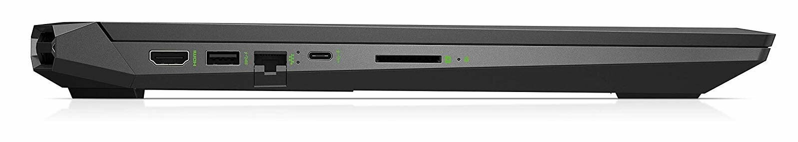 Widok z boku czarnego laptopa HP. Porty: HDMI, USB, Ethernet, USB-C, gniazdo kart SD.