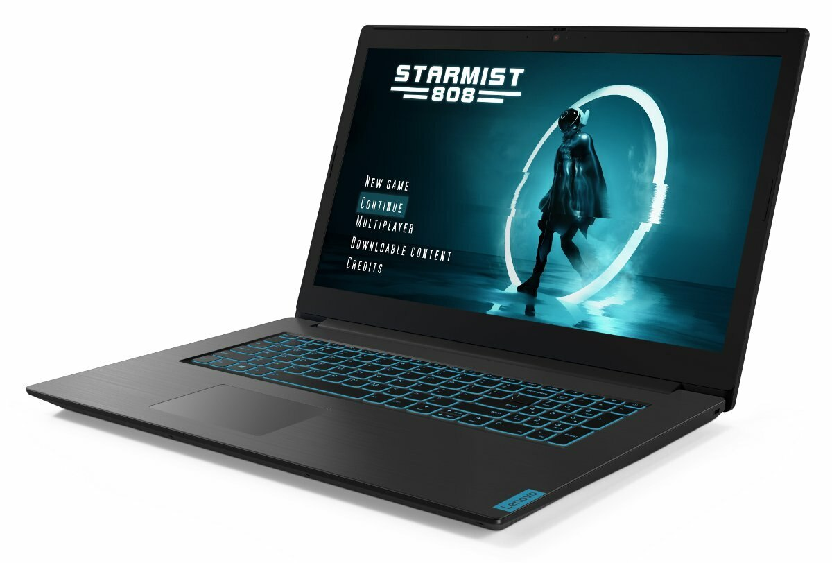 Czarny laptop Lenovo z interfejsem gry na ekranie.