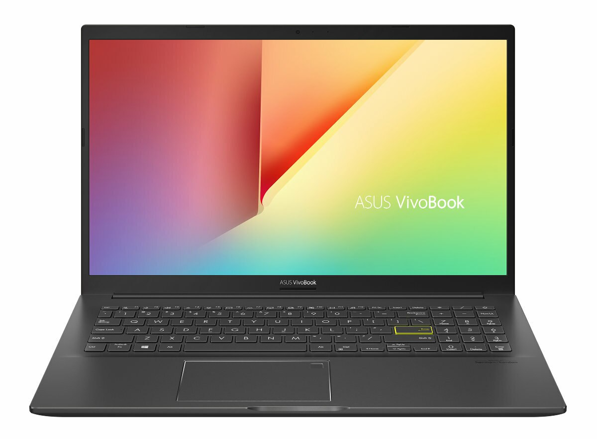 Laptop z kolorowym ekranem wyświetlającym gradient. Widoczny jest ASUS Vivobook.