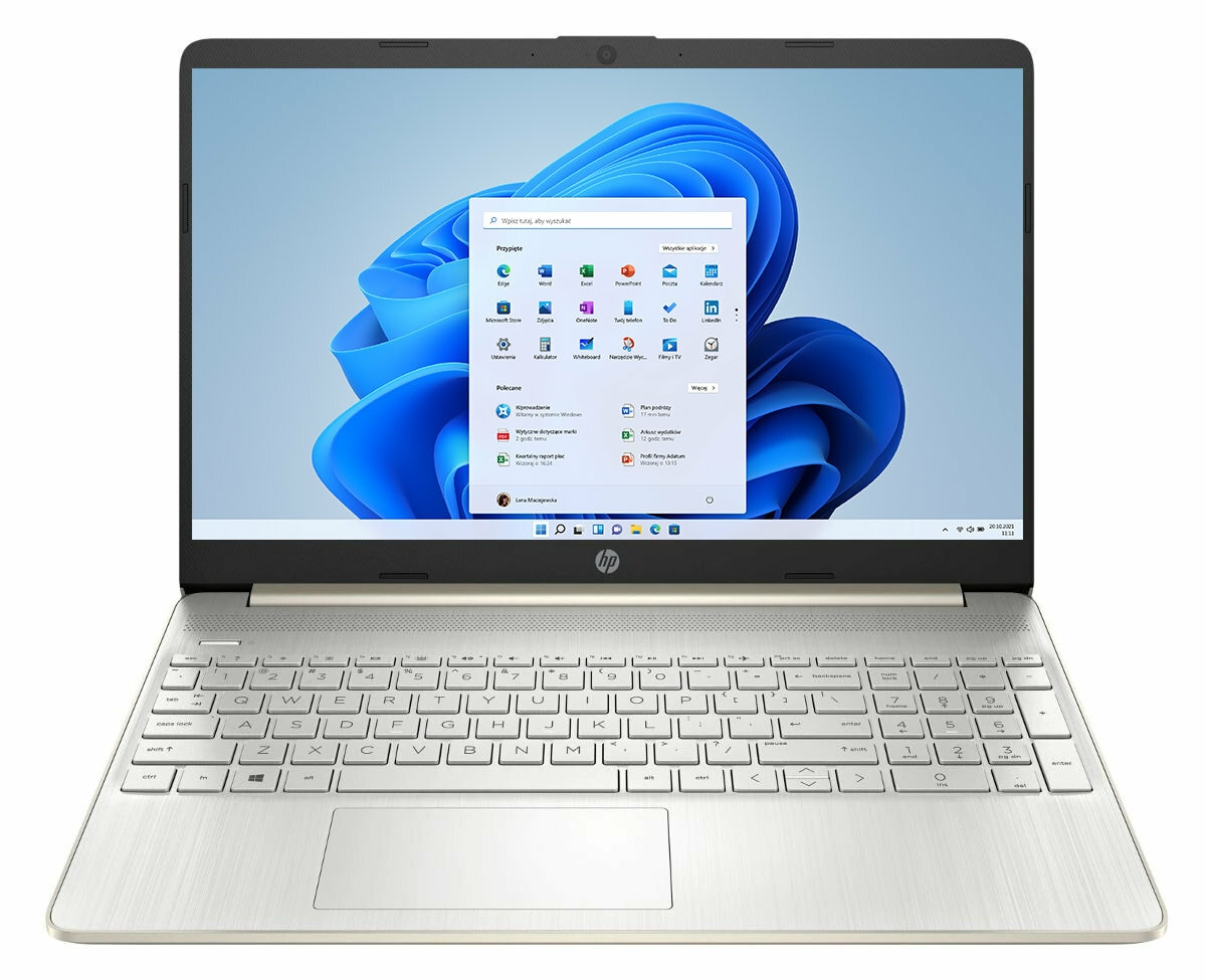 Srebrny laptop z pulpitem Windows 11 wyświetlonym na ekranie.