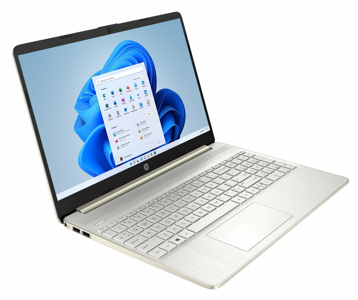 Srebrny laptop z interfejsem Windows. Otwarty i pod kątem.